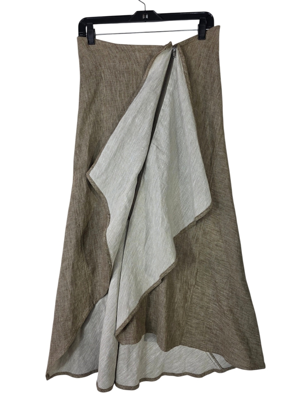 St.Martins Scandinavian Linen Light Olive-Brown Maxi A-Line Ruffle Zip Skirt